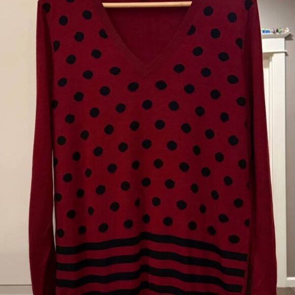 Women’s Loft Lightweight Red & Navy V-Neck Sweater with Polka Dots/Stripes-Sz L - Picture 7 of 7
